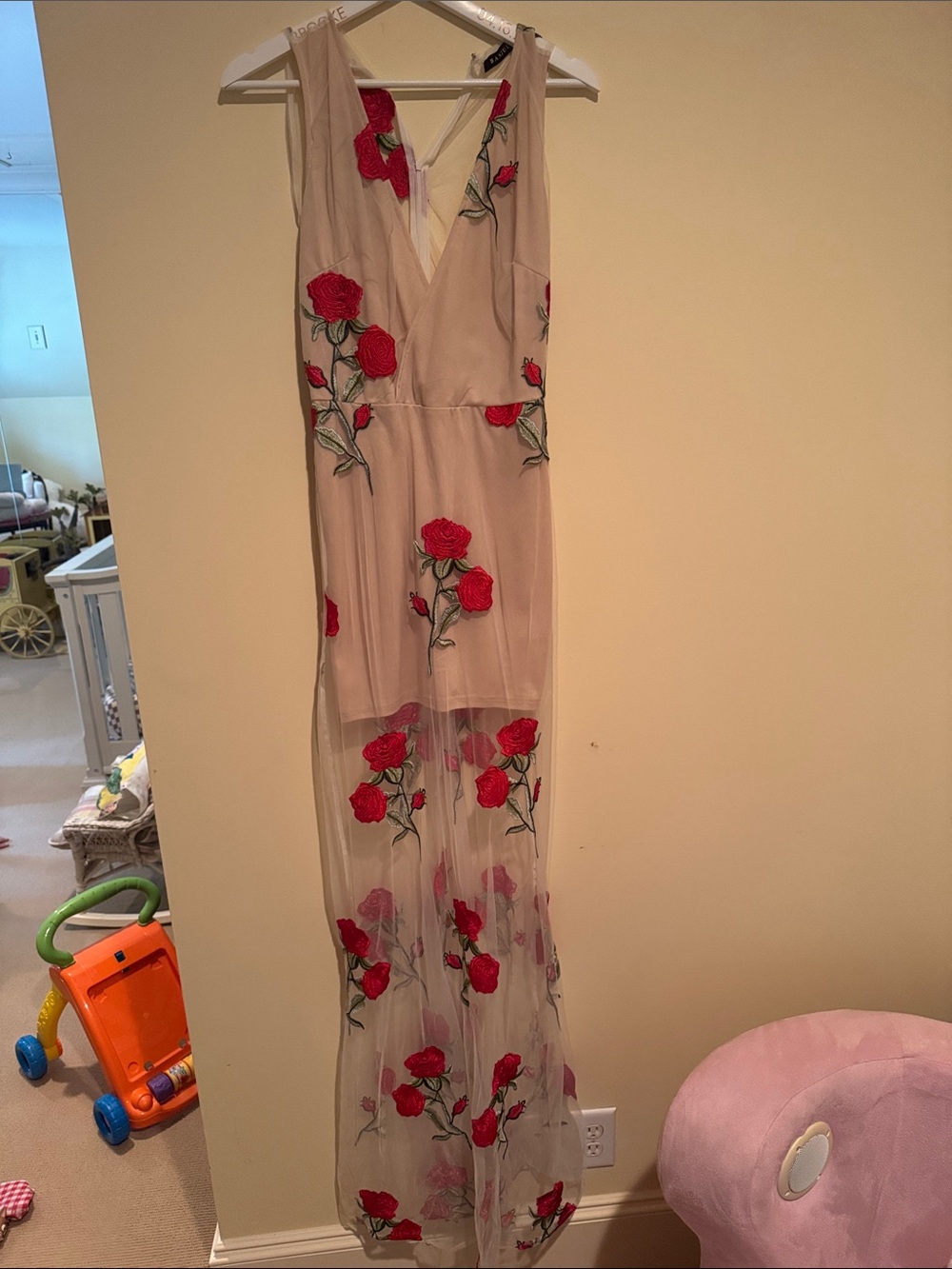 Banjul Cream Maxi Dress with Red Rose Embroidery